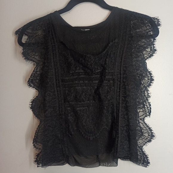 Zara Tops - ZARA Black Sheer Lace see through  Blouse Ruffled Scalloped Sleeveless  Size S